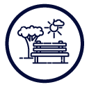 tree, park bench, and sun icon in a circle