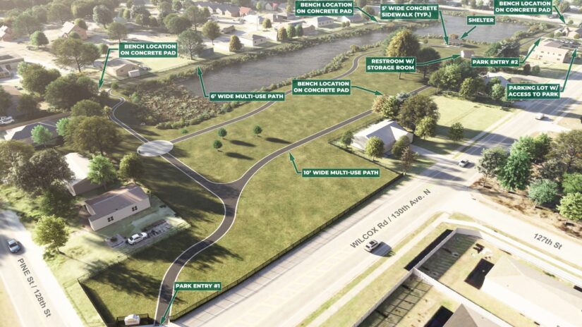 plan for new park around the Dansville retention pond that will include a multi-use path, sidewalk, benches, picnic shelter, restrooms, parking lot and open green space.