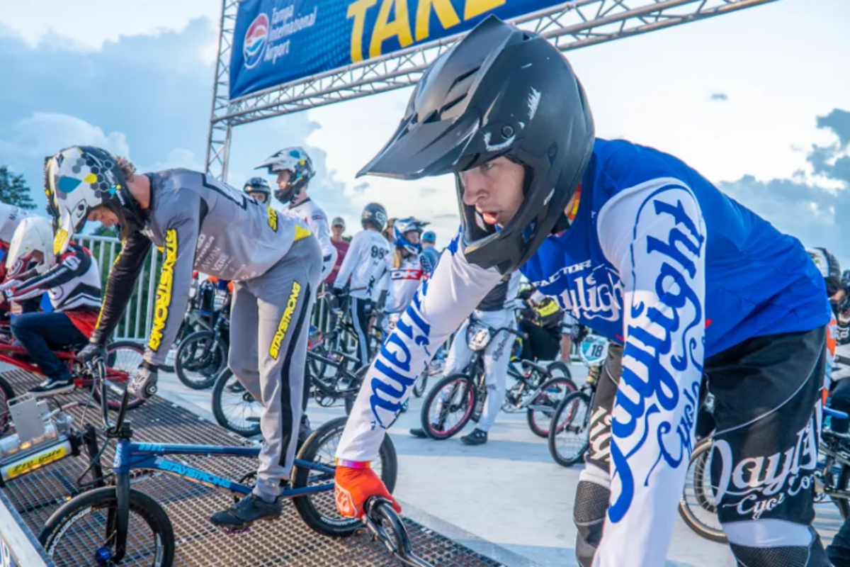 BMX racers at the starting line at the Oldsmar Sports Complex.