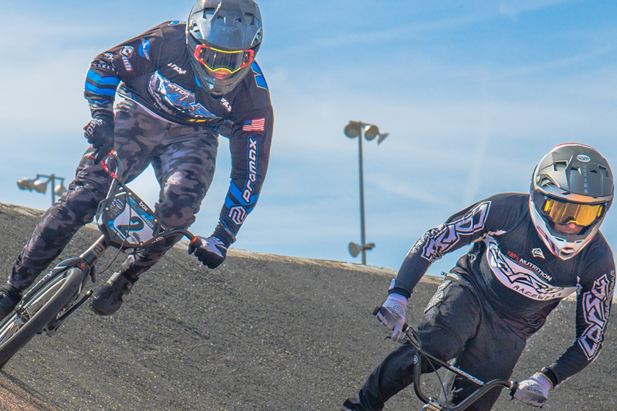 BMX racers in a turn at the Oldsmar Sports Complex.